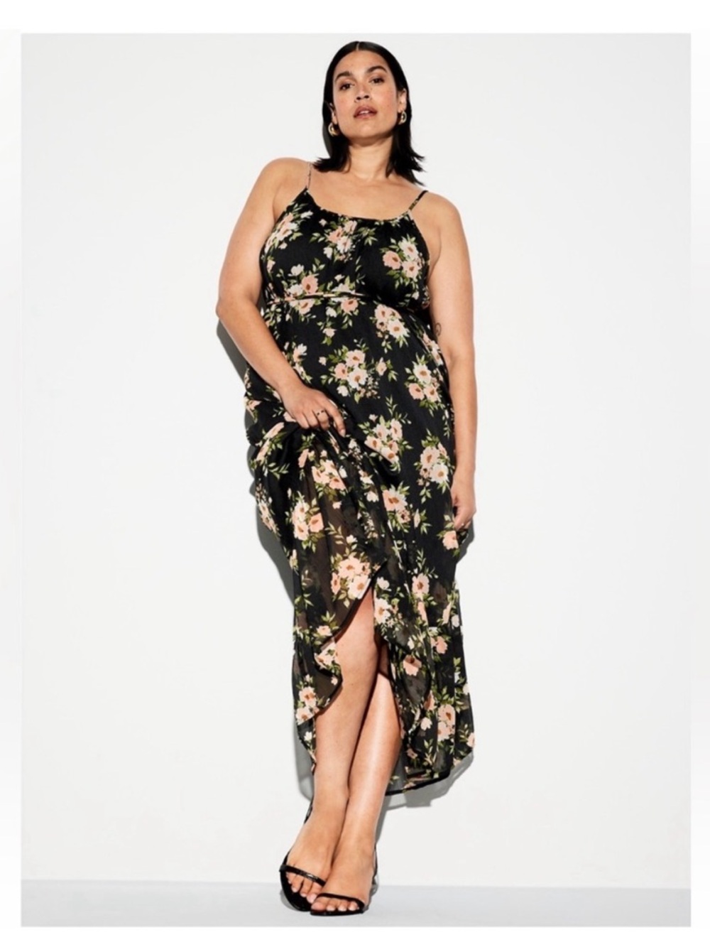 Old Navy The Occasion chiffon floral Black Spaghetti-Strap Maxi Dress sz L